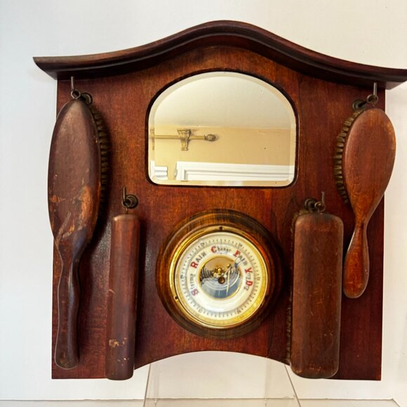 Unbranded Other - Vintage Wall Mounting Barometer Clothe Brushes Set 4 MCM Wooden Wall Mirror 1900